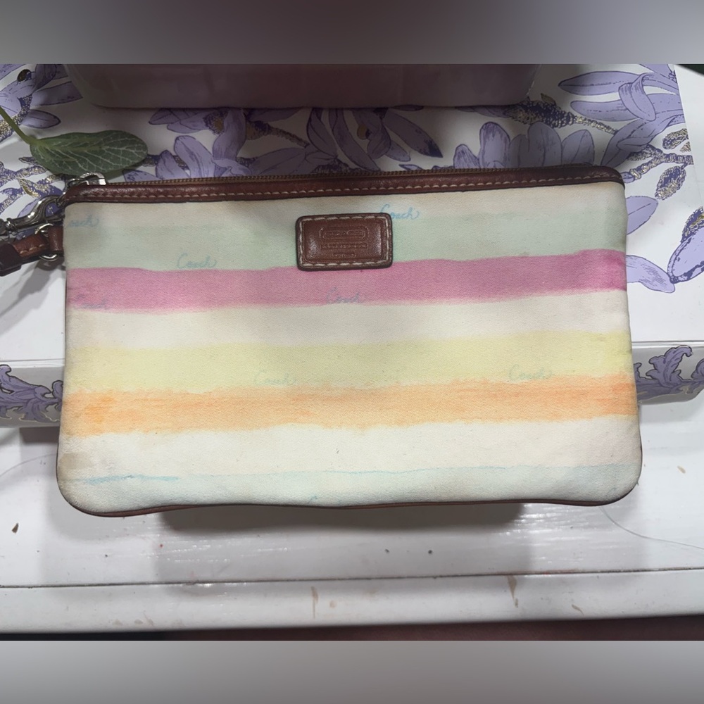 Coach Pastel Rainbow Stripe Wristlet – Watercolor Logo Print - Picture 2 of 9